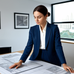 놀이치료사로서 정기 평가 준비 - **Prompt:** A professional female architect in a modern office, reviewing blueprints at her desk, we...