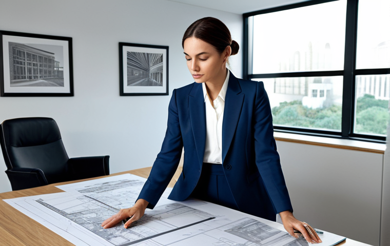놀이치료사로서 정기 평가 준비 - **Prompt:** A professional female architect in a modern office, reviewing blueprints at her desk, we...