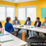 Home 21 놀이치료사 협회 가입과 활동 - A professional group of diverse play therapists in a bright, modern conference room engaged in a sem...
