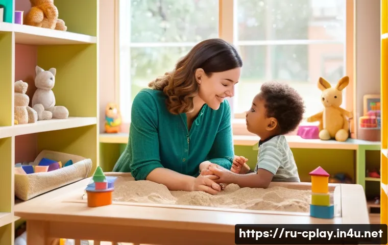 놀이치료사로서의 사회적 역할과 기여 - A warm, inviting therapy room with a female child psychologist gently guiding a young boy wearing ca...