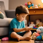 Home 18 놀이치료 이론과 실무 연결 사례 - A cozy indoor scene showing a shy, introverted boy playing with dolls wearing colorful underwear, ex...