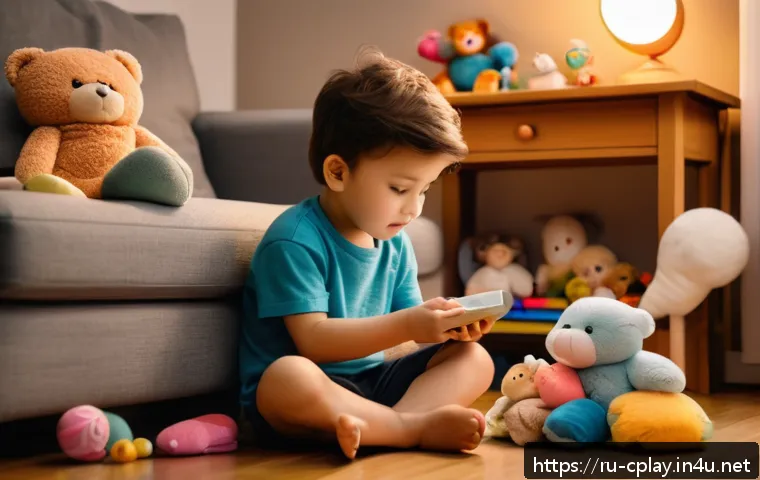 놀이치료 이론과 실무 연결 사례 - A cozy indoor scene showing a shy, introverted boy playing with dolls wearing colorful underwear, ex...
