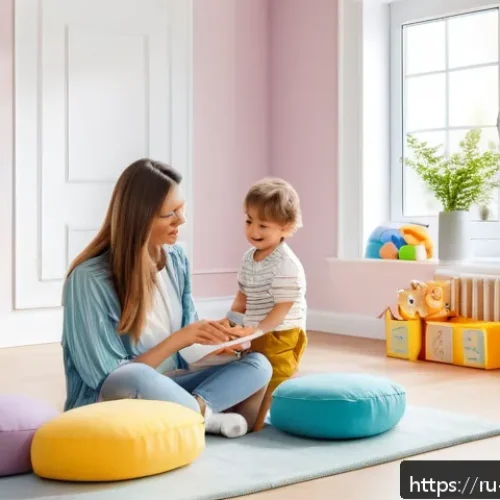 Home 17 놀이치료사 블로그 운영 팁 - A warm and inviting therapy room scene designed for child play therapy, featuring a female therapist...