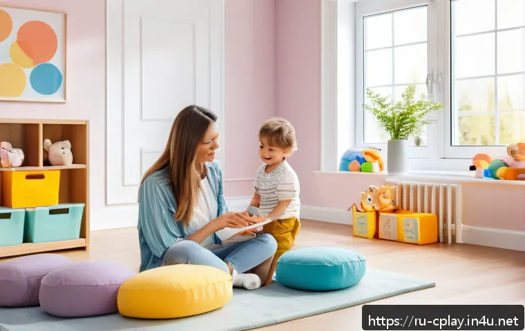 놀이치료사 블로그 운영 팁 - A warm and inviting therapy room scene designed for child play therapy, featuring a female therapist...