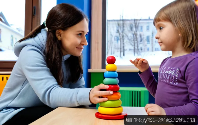 놀이치료사로서 아동 발달 단계 이해하기 - Photorealistic child play therapy session in a warm Russian family counseling room, caring female th...